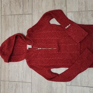 DKNY Jeans Red Hoodie Sweater 1/2 Zip Front Pocket Bell Sleeve Size L Y2K Hood
